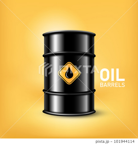 A realistic black metal oil barrel isolated and text on yellow background, vector illustration 101944114