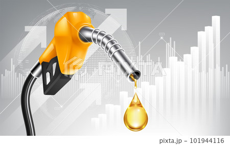 Oil price rising concept Gasoline yellow fuel pump nozzle isolated with drop oil on growth bar chart background, vector illustration 101944116