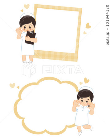 中年の女性看護師とフレームのイラストセット　フォトフレーム　吹き出し 101944120