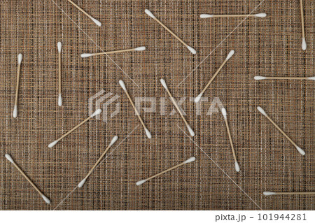 Cotton Swabs Pattern, Eco Natural Paper Ear Sticks Texture Background, Biodegradable Hygiene Buds on Rustic Table 101944281