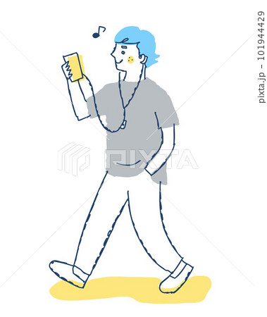スマホで音楽を聴きながら歩く若い男性 101944429