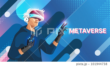 Metaverse digital cyber world technology, Man holding virtual reality glasses with haptic gloves on abstract background, vector illustration. Metaverse digital cyber world technology, Man holding virtual reality glasses with haptic gloves on abstract background, vector illustration. 101944738