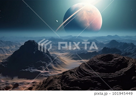 Surface of unknown planet with craters and mountains. Generative AI Surface of unknown planet with craters and mountains. Generative AI 101945449