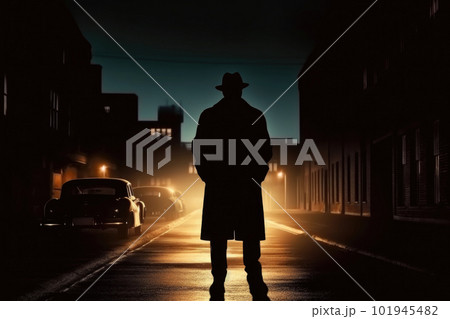 Silhouette of man in old fashioned hat and coat at night street. Generative AI 101945482