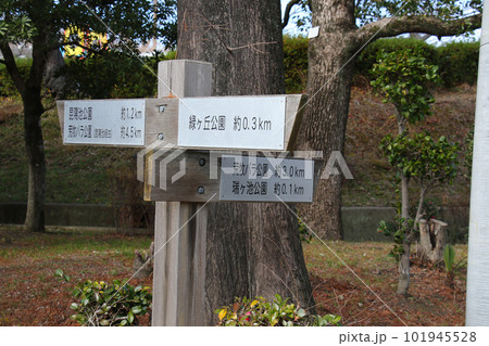 伊丹市たんたん小道沿いに立つ伊丹三大公園 昆陽池公園、荒牧バラ園と緑ヶ丘公園の行先を示す行先表示板 伊丹市たんたん小道沿いに立つ伊丹三大公園 昆陽池公園、荒牧バラ園と緑ヶ丘公園の行先を示す行先表示板 101945528