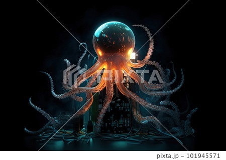 An octopus with light that is in the digital world on a dark background. Sea animals. illustration, generative AI. 101945571