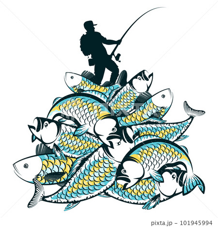Fisherman with a fishing rod and big catch of fish 101945994