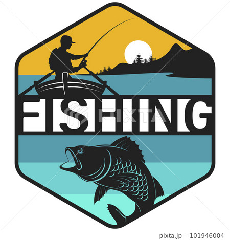 Fisherman in boat and fish symbol 101946004