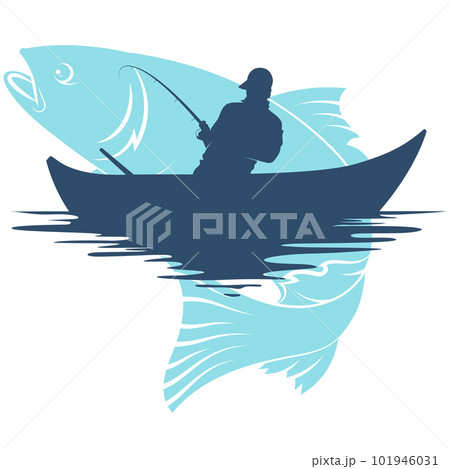 Fisherman with a fishing rod. Boat and jump fish catch Fisherman with a fishing rod. Boat and jump fish catch 101946031