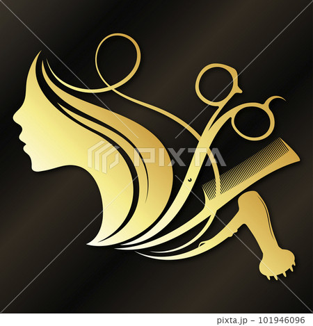 Girl face silhouette, scissors hairbrush hair stylist hair dryer Girl face silhouette, scissors hairbrush hair stylist hair dryer 101946096