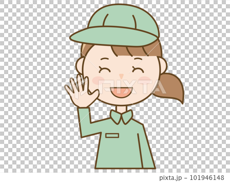Illustration B of a female worker wearing work clothes who raises her hand and greets with a smile _ delivery worker _ cleaning worker Illustration B of a female worker wearing work clothes who raises her hand and greets with a smile _ delivery worker _ cleaning worker 101946148