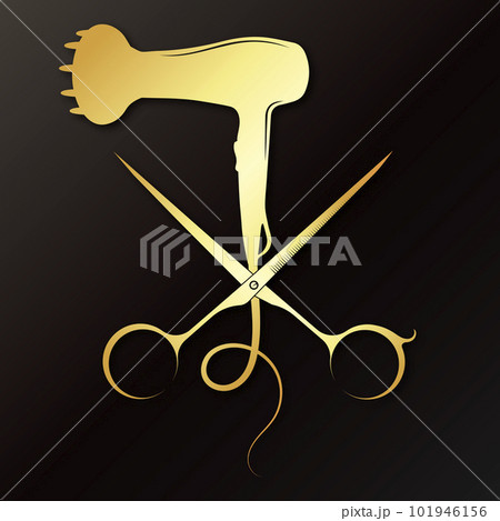 Gold symbol for hair stylist and beauty salon. Stylist scissors and electric hair dryer silhouette Gold symbol for hair stylist and beauty salon. Stylist scissors and electric hair dryer silhouette 101946156