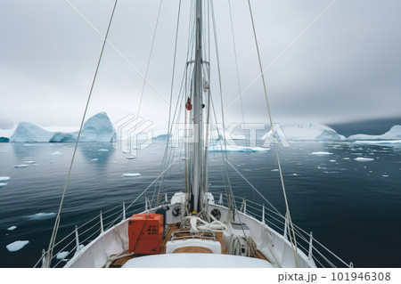 Antarctic ship with icebergs and mountains in the background. Generative AI Antarctic ship with icebergs and mountains in the background. Generative AI 101946308