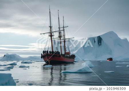 Antarctic ship with icebergs and mountains in the background. Generative AI 101946309