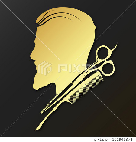 Golden profile of the head of a man and scissors with a comb Golden profile of the head of a man and scissors with a comb 101946371