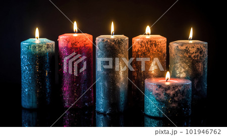 Burning candles on a black background. Copy space for text. Generative AI Burning candles on a black background. Copy space for text. Generative AI 101946762