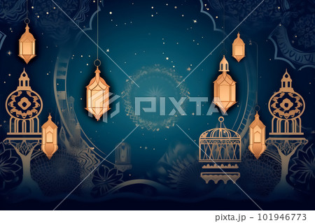 Ramadan Kareem greeting card with mosque silhouettes on blurred background. Generative AI Ramadan Kareem greeting card with mosque silhouettes on blurred background. Generative AI 101946773