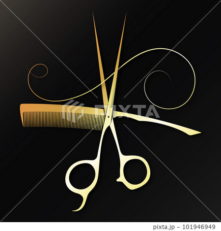 Golden scissors stylist comb and beautiful curl of hair Golden scissors stylist comb and beautiful curl of hair 101946949