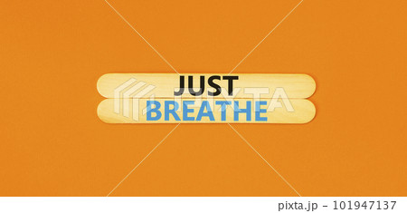 Just breathe and psychological symbol. Concept words Just breathe on beautiful wooden stick. Beautiful orange table orange background. Business psychological and Just breathe concept. Copy space Just breathe and psychological symbol. Concept words Just breathe on beautiful wooden stick. Beautiful orange table orange background. Business psychological and Just breathe concept. Copy space 101947137