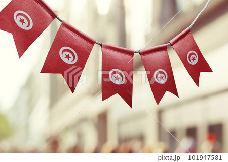 A garland of Tunisia national flags on an abstract blurred background 101947581