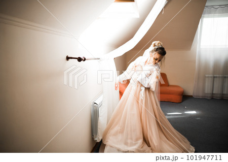 Portrait of beautiful bride with fashion veil at wedding morning 101947711