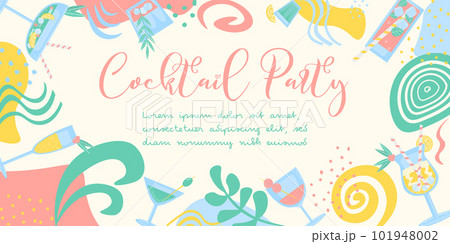 Coctail Party Flyer Banner in trendy color. Summer drinks with lemon, berry, mint, ice and straw. Party, pub, restoraunt or club invitation. fresh and cold alcohol coctail. Vector illustration. 101948002