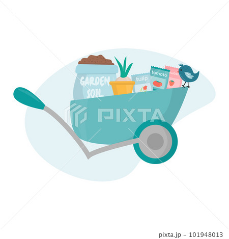 Cute gardening set. Wheelbarrow with pot with plant, seeds, garden soil and bird. Spring vector illustration, isolated on a white background. 101948013