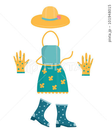 Collection of garden cloth. Rubber gloves, straw hat, gum boots and apron. Isolated vector illustration, set on white background. 101948015