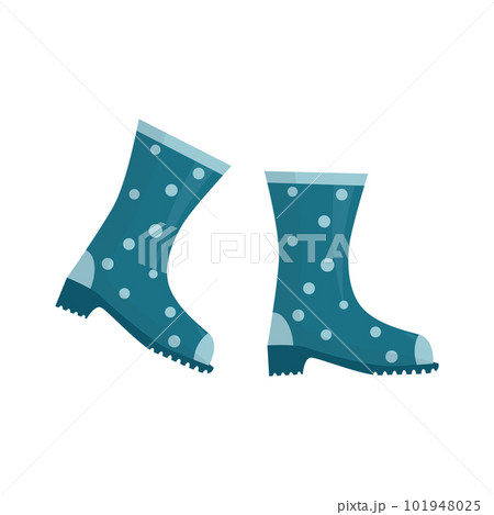 Rubber boots for rainy weather, gardening. fishing. Waterproof shoes wth blue polka dots. Autumn symbol. Gumboots flat isolated illustration 101948025