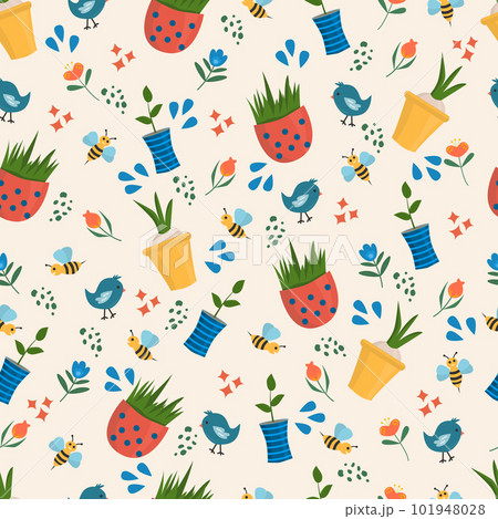 Seamless pattern with cute spring elements. Vector illustration of garden with pot, grass, plant, flowers and been. Spring time background. 101948028