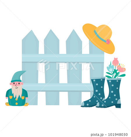 Cute gardening set with rubber boots, gardening gnome, hat and fence. Spring vector illustration, isolated on a white. 101948030