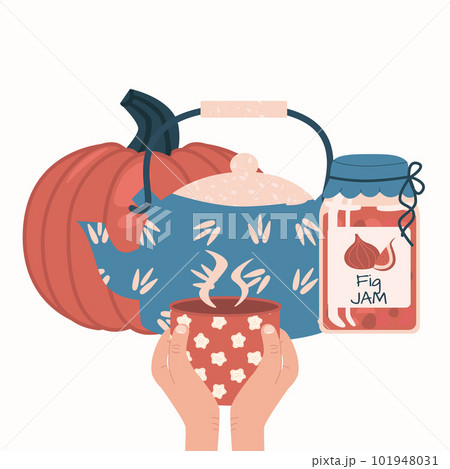 Set of Autumn food and drink flat vector elements. Pumpkin, kettle or teapot, jar with fig jam, hands with cup. Isolated on a white 101948031