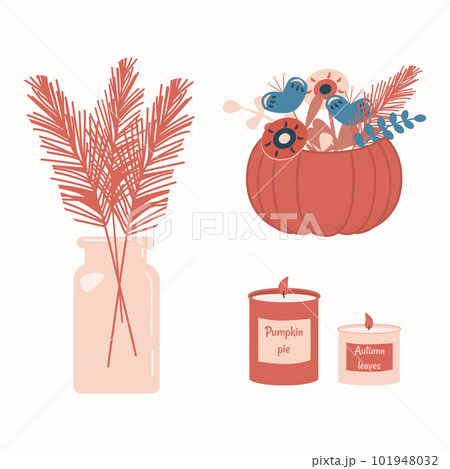 Warm and cozy. Illustration with cute things for home interior. Vase with pampas grass, pumpkin with flowers and aroma candle. Autumn mood, comfortable lifestyle vector flat illustration. 101948032