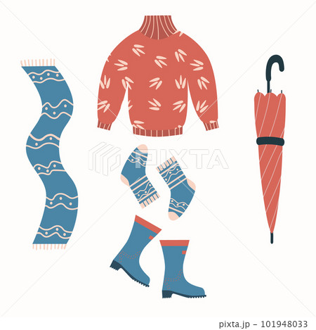 Autumn clothes set with rubber boots, umbrella, socks, sweater and scarf. Cozy vector elements. Flat illustration, isolated on white background 101948033