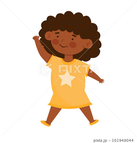 Cute little smiling afro american girl in the yellow dress jumping. Cartoon vector illustration, isolated on a white Cute little smiling afro american girl in the yellow dress jumping. Cartoon vector illustration, isolated on a white 101948044