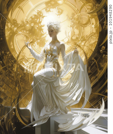 Beautiful Epic Queen in a chic white and gold dress. 101948290