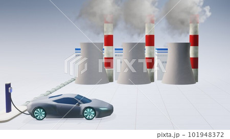煙を出す火力発電所から電力供給を受けて充電する電気自動車 101948372