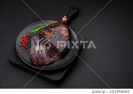 Delicious smoked or cured mahan horse meat sausage with spices and herbs 101948465
