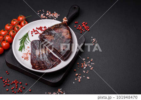 Delicious smoked or cured mahan horse meat sausage with spices and herbs 101948470