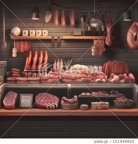 Butcher shop interior, many different types of meat, sausages, ham on the counter, excellent food background for advertising and design Butcher shop interior, many different types of meat, sausages, ham on the counter, excellent food background for advertising and design 101948602
