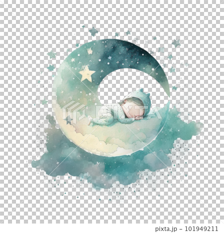 Watercolor cute sleeping baby on moon. Illustration AI Generative 101949211