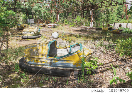 broken children cars in an amusement park in Pripyat Ukraine broken children cars in an amusement park in Pripyat Ukraine 101949709