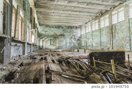 Abandoned ruined school gym in Pripyat Ukraine Abandoned ruined school gym in Pripyat Ukraine 101949750