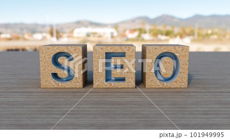 SEO Search Engine Optimization text wooden cube blocks on table background. 3d rendering 101949995