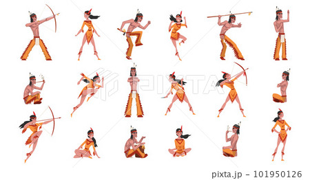 Indians as Native American Tribe Member In Traditional Clothing with Bow and Arrow Hunting Vector Big Set 101950126