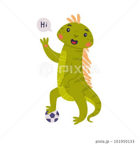 Funny Green Iguana Character with Scales Greeting Saying Hi Standing with Ball Vector Illustration 101950133