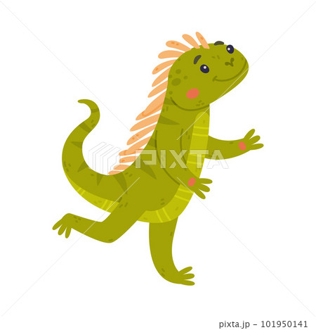 Funny Green Iguana Character with Scales Running Vector Illustration 101950141