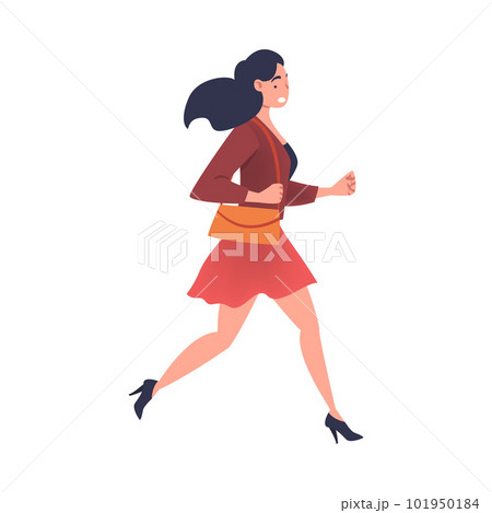 Woman Character Hurrying Running Fast Feeling Panic of Being Late Vector Illustration 101950184
