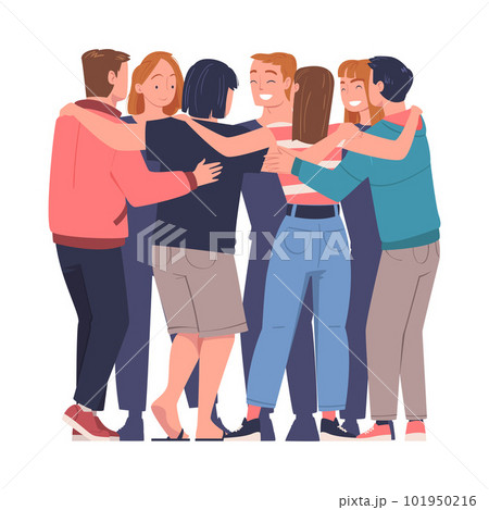Group of young men and women standing together and hugging. Friendship, collaboration and team spirit vector illustration 101950216