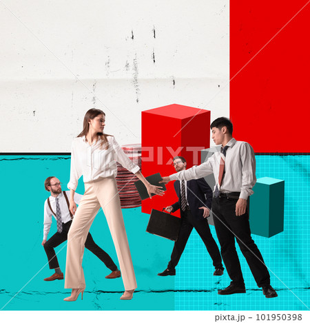 Contemporary art collage. Employees, business partners working on company growth. Deal, partnership and cooperation 101950398